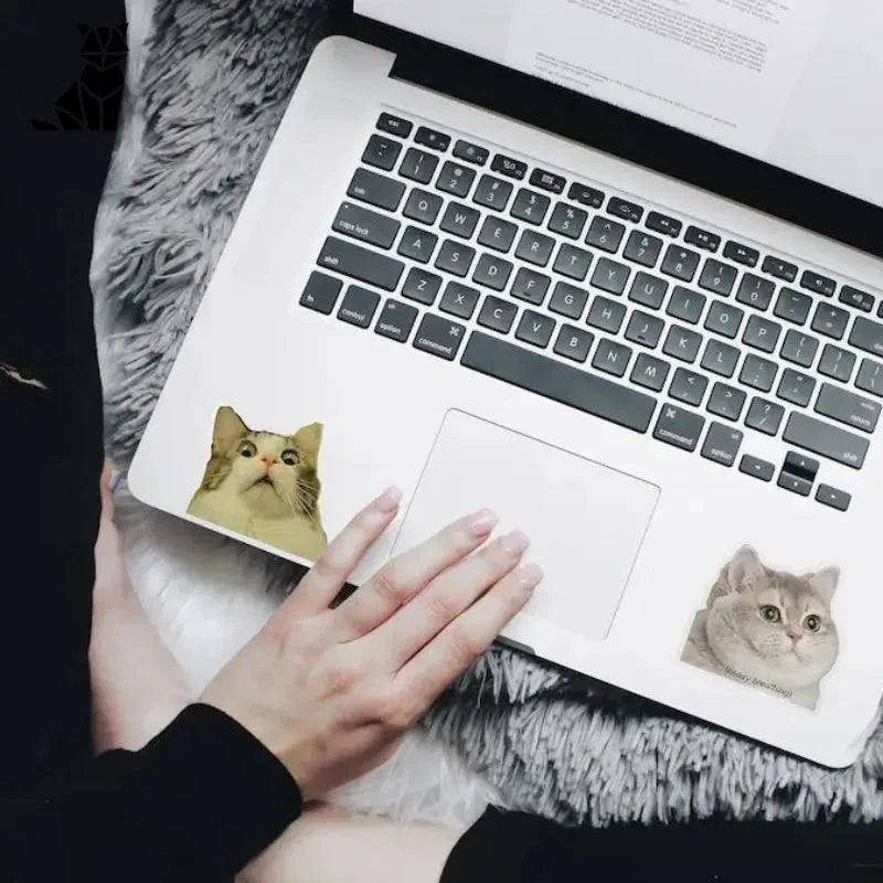 Femme tapant sur son ordinateur portable avec autocollant de chat - Sticker personnalisé de votre animal de compagnie (autocollant personnalisé)