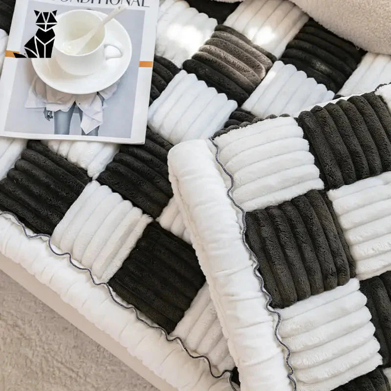 Housse de canapé à carreaux crème : Pile de serviettes et gobelet. Idéal pour les maisons avec des animaux