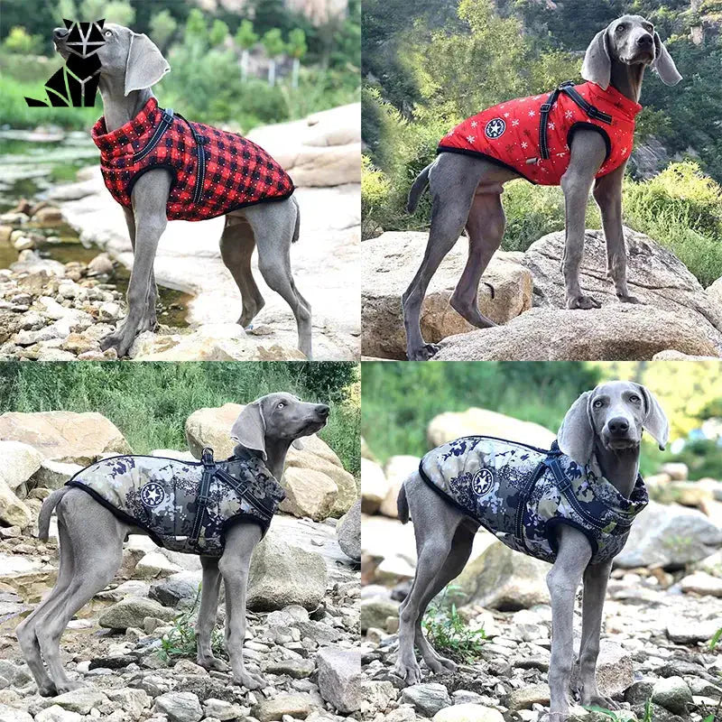 Chien portant un manteau Comfort Coat for Dogs à carreaux rouges et noirs avec harnais intégré pour les promenades